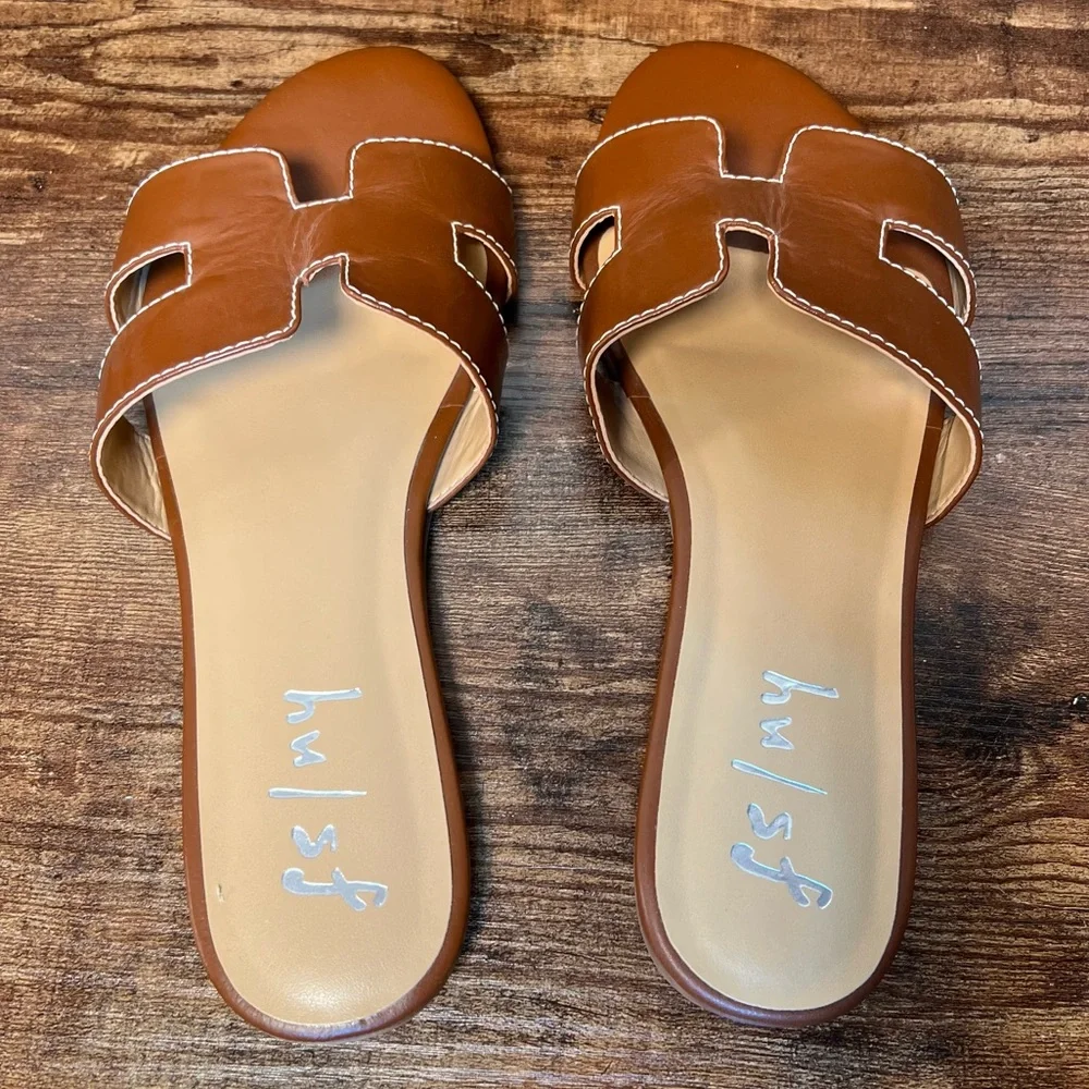 French Sole Alibi Brown Leather Flat Sandals Slip On Open Round Toe Women's 9.5 - Picture 6 of 10